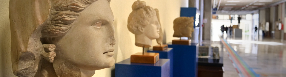 Varias cabezas hechas de piedra en un pasillo de la Facultad de Filosofía y Letras